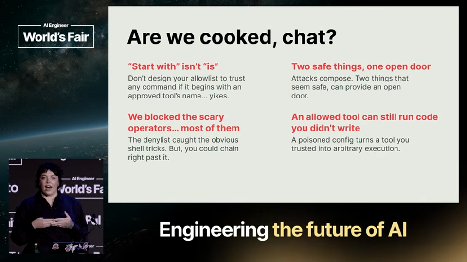 Sarah Sanders 발표 화면 · We let an AI agent execute Bash and lived to talk about it — 7분 39초