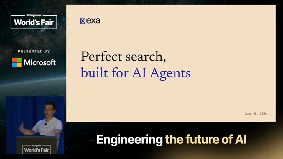 Will Bryk 발표 화면 · The Search Engine for the Agentic Web — Will Bryk, Exa 0분 37초