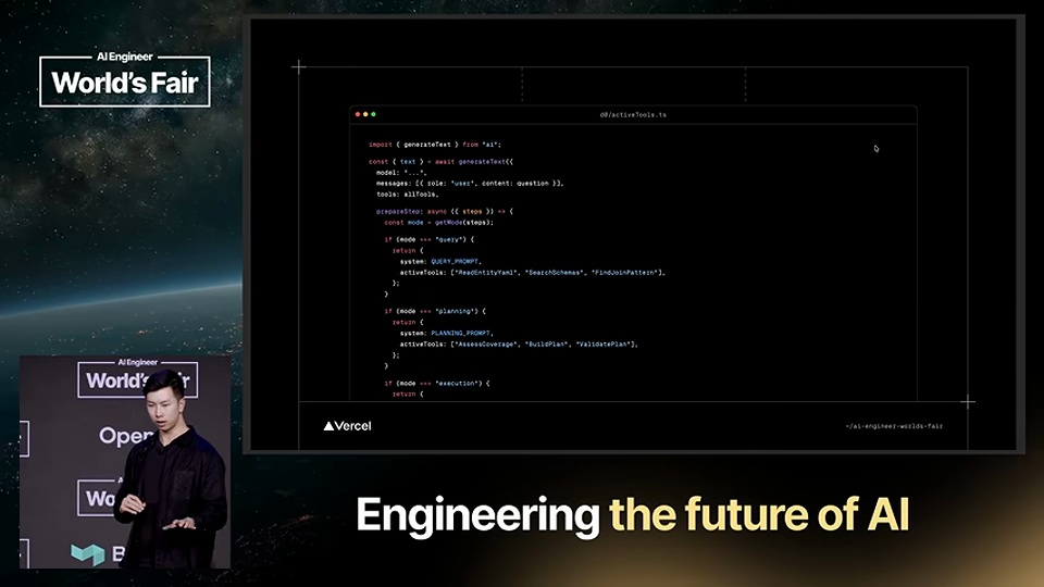 Andrew Qu 발표 화면 · How We Solved Agent Building — Andrew Qu, Vercel 7분 2초