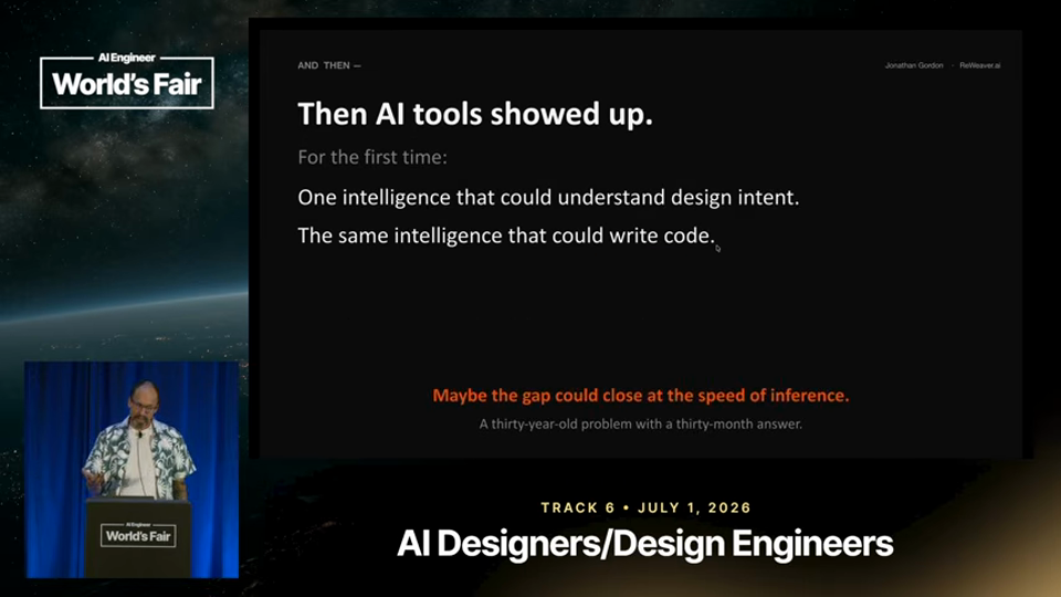 Jonathan Gordon 발표 화면 · The Design-Code Roundtrip That Isn't — Jonathan Gordon, ReWe 3분 17초