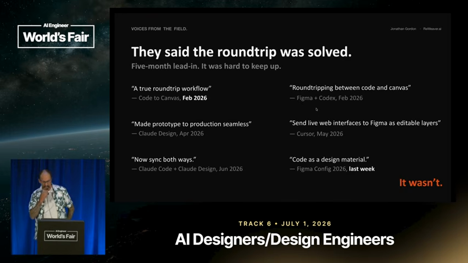 Jonathan Gordon 발표 화면 · The Design-Code Roundtrip That Isn't — Jonathan Gordon, ReWe 6분 53초