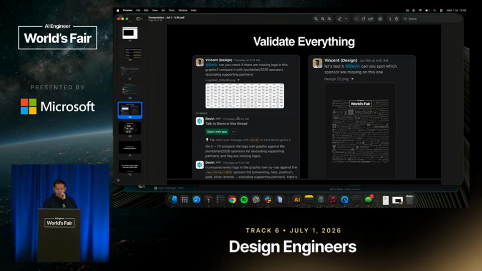 Vincent Wendy 발표 화면 · One Designer + AI. Hundreds of Deliverables. — Vincent Wendy 13분 10초