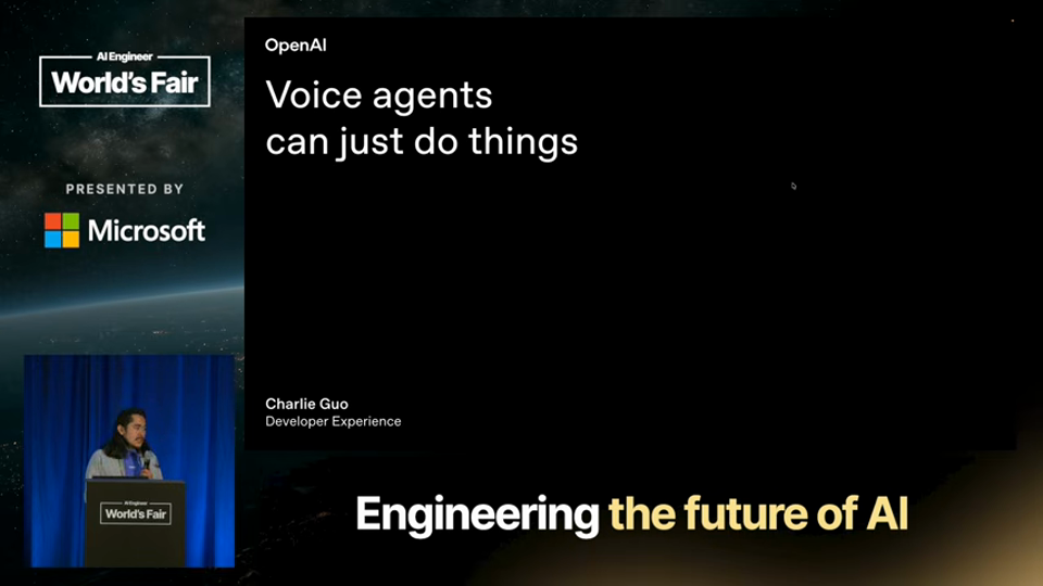 Charlie Guo 발표 화면 · Voice Agents Can Just Do Things — Charlie Guo, OpenAI 0분 48초