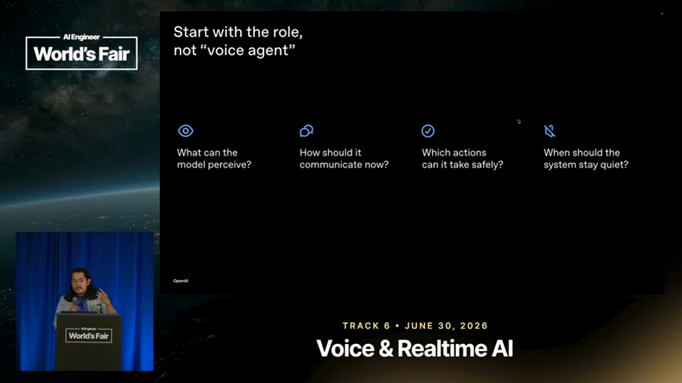Charlie Guo 발표 화면 · Voice Agents Can Just Do Things — Charlie Guo, OpenAI 15분 8초