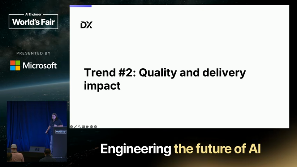 Justin Reock 발표 화면 · The State of AI in Software Development: Data from 400+ Orgs 4분 37초