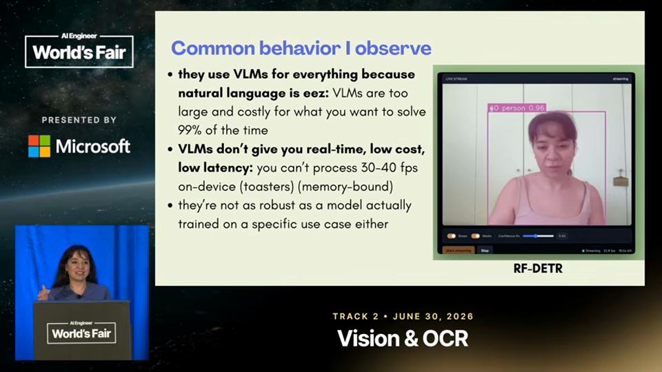 Merve Noyan 발표 화면 · Skill issue: stop deploying vision language models, use them 1분 23초
