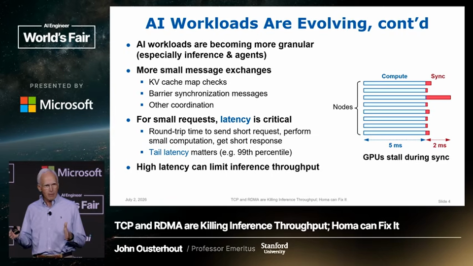 John Ousterhout 발표 화면 · Homa: The End of TCP for AI Clusters — John Ousterhout, Stan 5분 21초