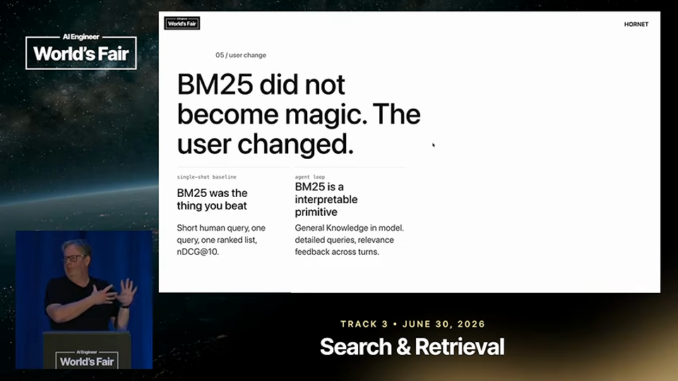 Jo Kristian Bergum 발표 화면 · The unreasonable effectiveness of BM25 for agentic search —  3분 54초