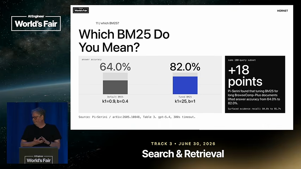 Jo Kristian Bergum 발표 화면 · The unreasonable effectiveness of BM25 for agentic search —  9분 52초