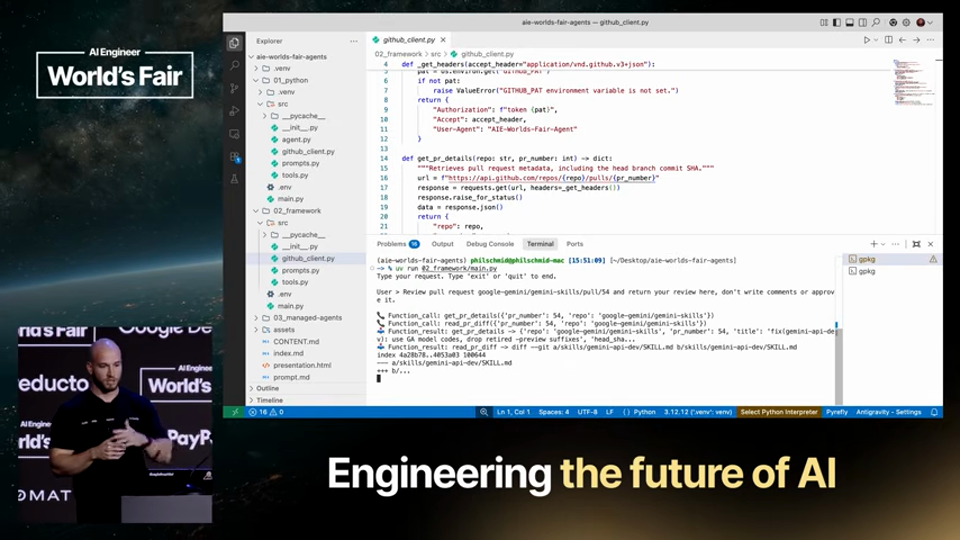 Philipp Schmid slide · Agents Without Code: Skills, YAML, and Filesystems Replaced  6:27